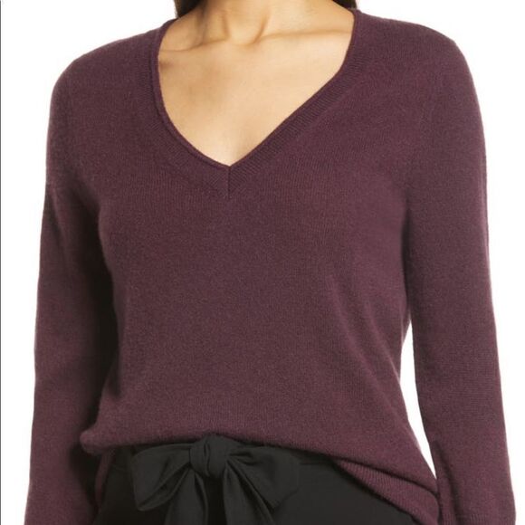 Halogen  pure 100% cashmere V neck sweater size XS, burgundy NWT - Picture 1 of 11